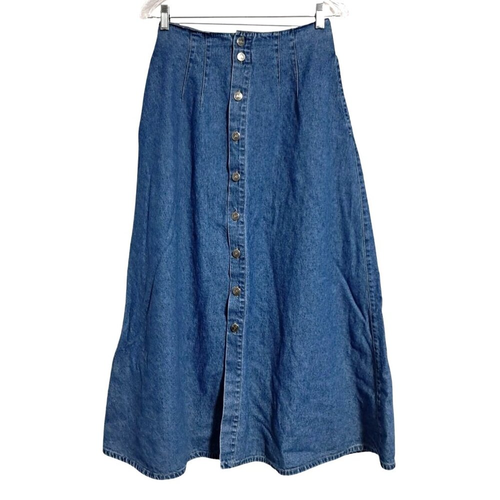 90s Liz Wear Claiborne Lace-Up Back Denim Maxi‎ Skirt Button Front Boho Prarie